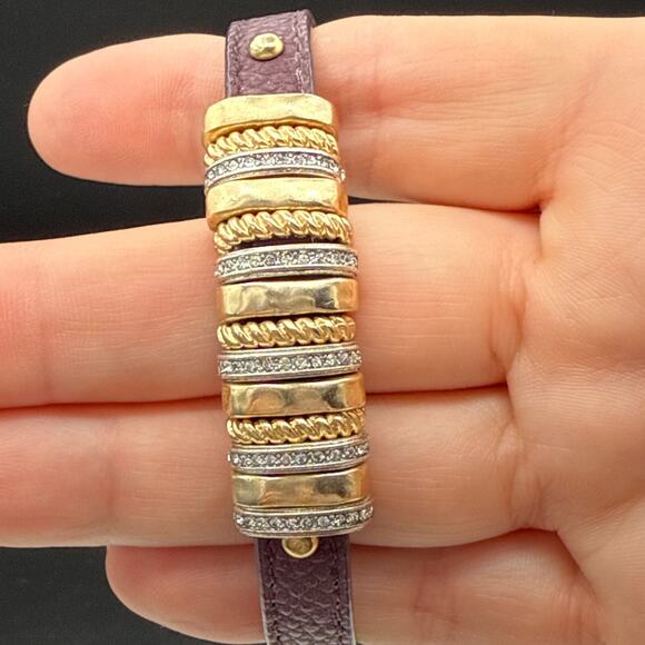 Slide Bracelet 7" Gold Silver Tone Crystal Charms Magnetic Purple Band Bangle - Picture 5 of 9